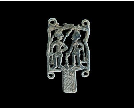 Post Medieval Lead Figural Openwork Plaque 16th Century AD. A cast openwork plaque formed as a square frame with annulets to 