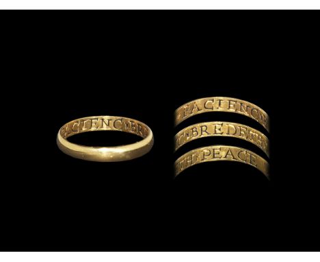 Post Medieval Gold '*PACIENC*BREDETH*PEACE' Posy Ring 18th century AD. A D-section hoop with inscription to the inner face '*