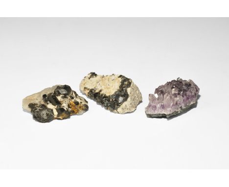 Geological Brazil Megnetite, Amethyst and Black Tourmaline Mineral Specimen Group A group of three mineral specimens comprisi