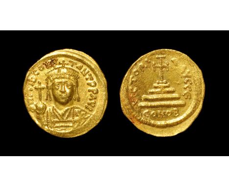 Ancient Byzantine Coins - Tiberius II Constantine - Cross-on-Steps Gold Solidus 579-582 AD, Ravenna mint. Obv: D M TIB CONSTA