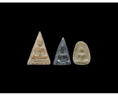 Western Asiatic Ceramic Buddha Plaque Group 1st millennium AD. A mixed group of figural plaques, two triangular and one D-sha