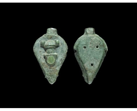 Roman Enamelled Bronze Seal Box with Phallus 2nd century AD. A cast piriform seal box with separate lid, three holes to the u