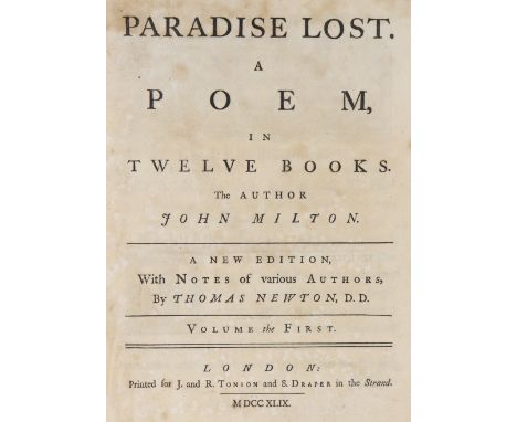 MILTON John: “PARADISE LOST – A Poem in Twelve Books, A New Edition, With Notes of Various Authors, by THOMAS NEWTON, D.D.”, 