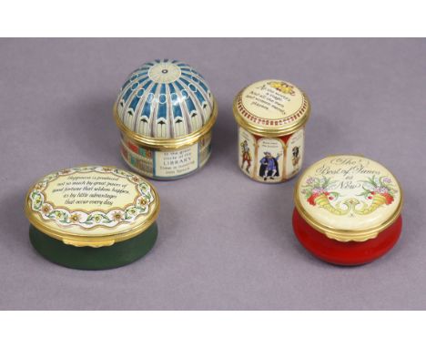 A Halcyon Days enamel egg-shaped box decorated with flowers &amp; owls; together with four other Halcyon Days enamelled boxes