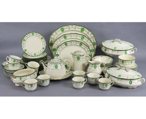 A Royal Doulton “Countess” pattern part dinner &amp; tea service comprising: three graduated meat plates; a soup tureen stand