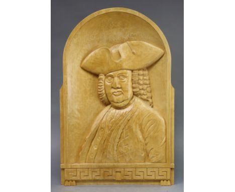 A relief-carved softwood rectangular plaque depicting half-length portrait of Beau Nash, signed with initials LMD &amp; dated