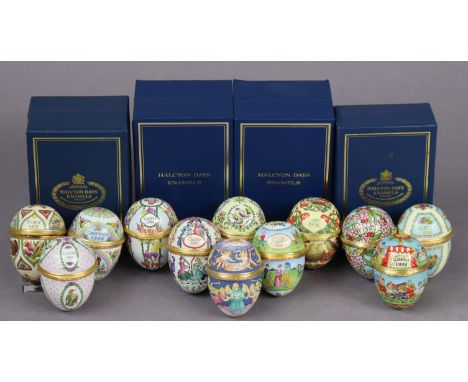 Eleven Halcyon Days enamel Easter-egg shaped boxes (1990-2000), four with boxes. 