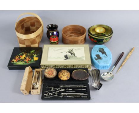 A set of steel drawing implements, cased; a Russian black lacquered trinket box with figure scene decoration to the hinged li