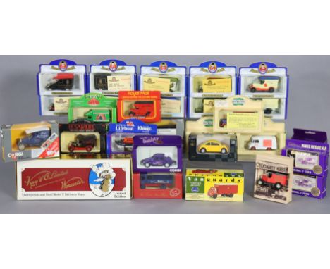 Approximately sixty various die-cast scale vehicles by Oxford, Corgi, Lledo, and others, each with a window box.