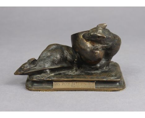 A French bronzed novelty inkwell in the form of the two rats &amp; the egg after Aigon, bears plaque “Les Deux Rats &amp; L’O