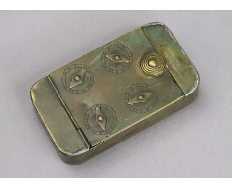 A brass rectangular snuff-box inset with four dials to the hinged lift-lid, engraved “R. Walker” to reverse, 9cm wide.