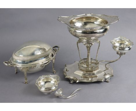 A Mappin &amp; Webb silver plated table epergne, 30.5 cm high; &amp; a silver plated oval breakfast dish, 32.5 cm wide. 