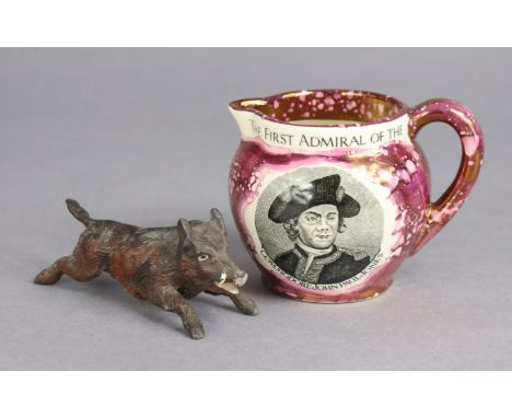 An old castle pink lustreware globular jug inscribed “The First Admiral of American Navy, Commodore John Paul Jones”, 7.5cm h