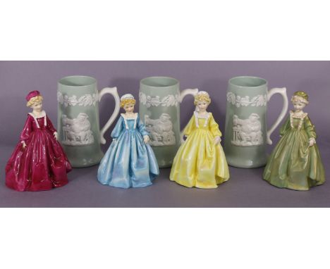 A group of four Royal Worcester figures “Grandmother’s Dress” modelled by F.C. Doughty, 15cm, printed marks, No. 3081, ca. 19