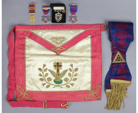A Masonic regalia apron, sash, &amp; five medals. 