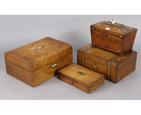 A 19th century rosewood two-division tea caddy, 22cm wide; together with three wooden trinket boxes; part w.a.f. 