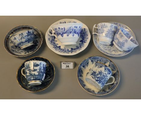 Group of Spode blue and white transfer printed cups and saucers and others to include Chinese, Van Dyke pattern, Broseley pat