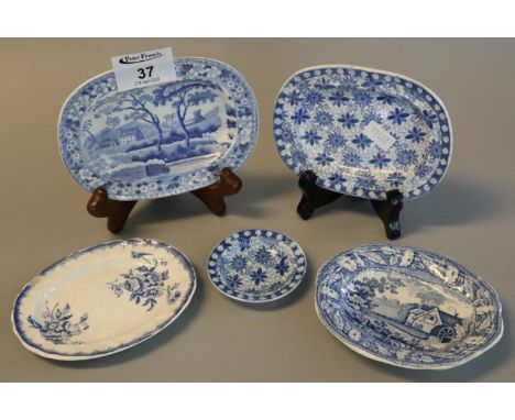 Spode miniature blue and white transfer printed scenic miniature meat dish, a similar Daisy and Bead design Spode miniature b