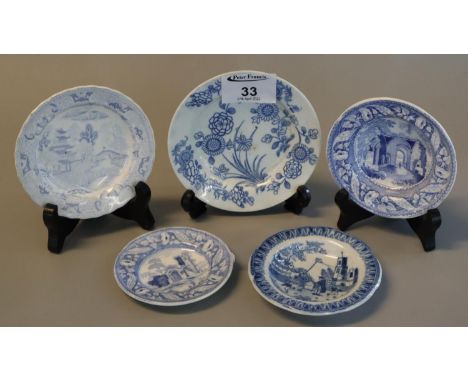 Group of miniature Spode blue and white transfer printed items of differing design including Chinese flowers, Canton, Kenilwo