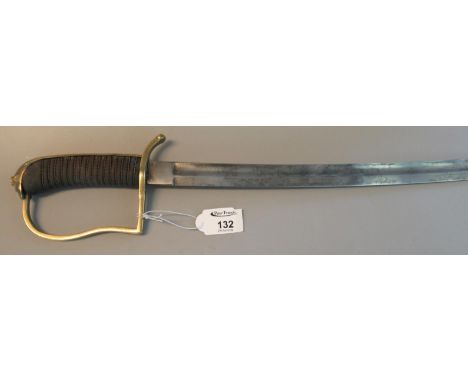 19th century military sabre, having brass hilt with wire bound grip, and steel fullered blade. No scabbard.(B.P. 21% + VAT) 