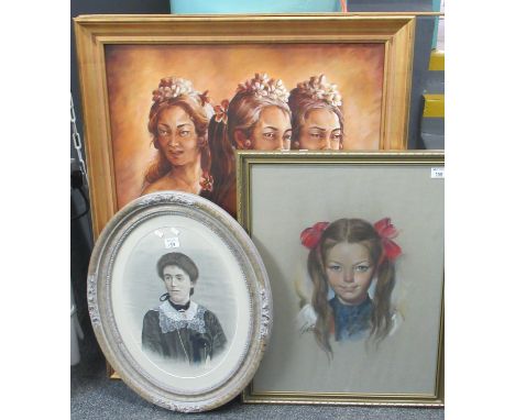 Modern portrait study of 'The Three Graces', a pastels portrait of a little girl, and a portrait on (probably) silk of a Vict