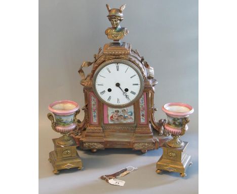 19th century French ormulu two train clock garniture, the arch case surmounted by a bust of Achilles, ceramic Roman dial abov