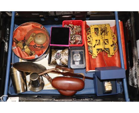 Box of oddments to include clock parts, various wrist watches, vintage camera, pendulum, etc.(B.P. 21% + VAT) 