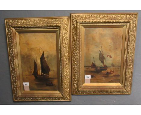 British school initials K G, fishing smacks, a pair. Signed with initials, dated '03. Oils on canvas. 39 x 25cm approx. Frame