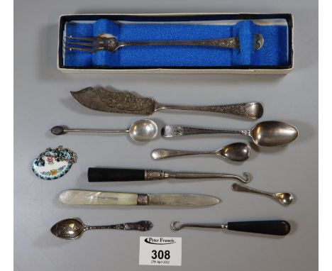 A collection of silver and silver plated flatware including a cased silver pickle fork and a Hester Bateman teaspoon.(B.P. 21