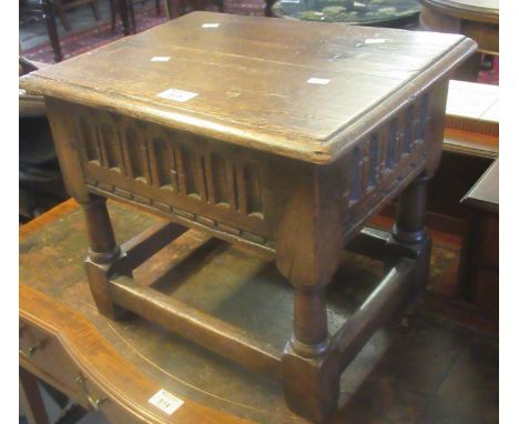 Reproduction 17th century style oak stool work box with arcade moulding. 44cm wide approx.(B.P. 21% + VAT) 