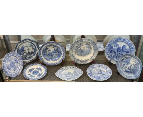 Group of Spode blue and white transfer printed plates to include Caramanian pattern, The Font pattern, pierced cane work dish