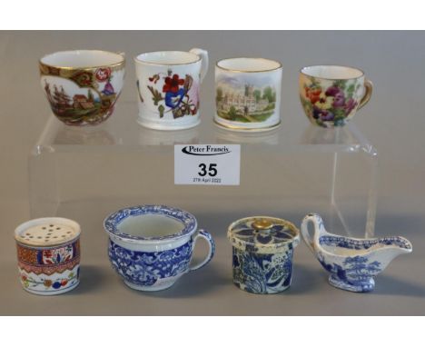 A group of miniature cabinet items to include Meissen style tea cup with blue cross swords, miniature Coalport tankard, a Tre