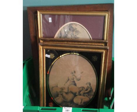 Pair of 19th century Bartolozzi type prints, a Continental school pencil sketch, and a framed photograph entitled 'Hardwick' 