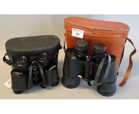 Pair of Kriegs Stetten-Gama 10:50 binoculars in pig skin case, together with a pair of Boots Pacer 8:30 binoculars in carryin