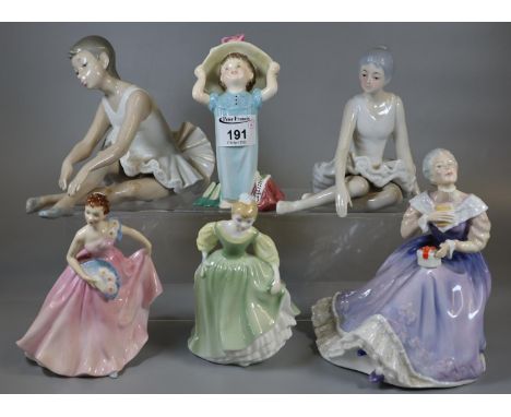 Collection of china figurines to include Royal Doulton 'Invitation', Royal Doulton 'Make Believe', Nao ballerinas, etc. (6)(B