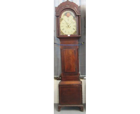 Victorian mahogany two train eight day longcase clock with arched painted face with Roman numerals, phases of the moon, secon