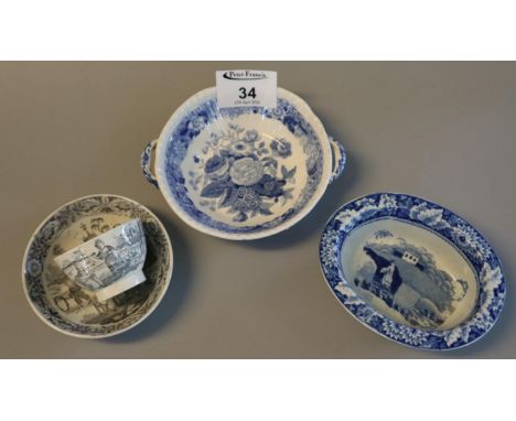 Collection of three Spode miniature transfer printed items to include small oval bowl, tea bowl and saucer decorated with chi