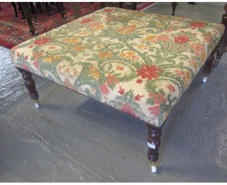 Victorian style mahogany foot-stool of square form having flora and foliate upholstery 97cm x 90cm x 45cm high approximately.