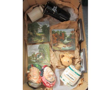 Box of china to include a Wade Sherry Barrel, Glenmorangie Jug, Long John Scotch Whiskey Water Jug, Ceramic Tiled Plaques etc