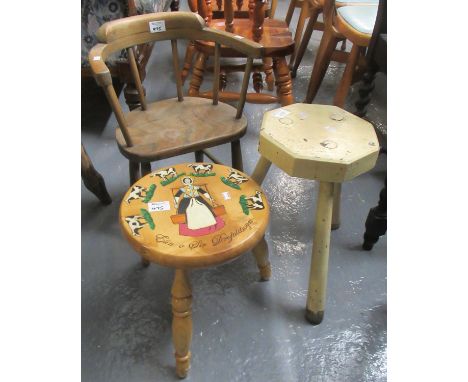 Early 20th Century small child's or dolls elm armchair together with a painted hexagonal milking stool and another modern pin