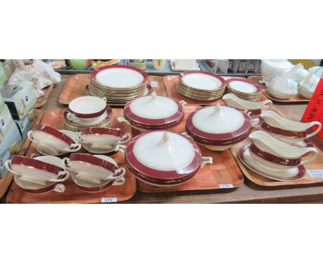 Five trays of Simpsons 'Ambassador ware' dinnerware decorated in maroon and gilt on a white ground comprising 9 double-handle