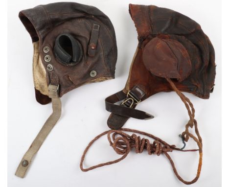 WW2 Royal Air Force C-Type Flying Helmet, brown leather second pattern example with cloth chinstrap. Leather goggle straps to