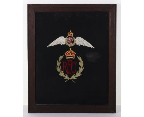 Framed Royal Flying Corps Embroidered Tapestry, fine embroidered set of Royal Flying Corps pilots wings above embroidered RFC