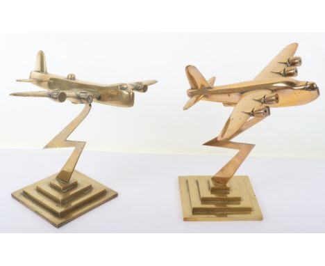 2x Heavy Brass Desk Models of WW2 Four Engine Bomber Aircraft, both on steeped stands with lighting bolt fittings connecting 