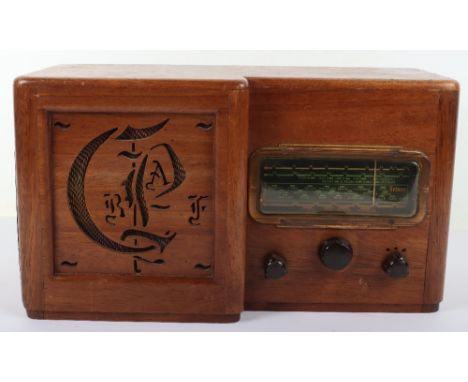 RAF Interest Radio Receiver, interesting 1940’s period example in wooden casing with stylised carved RAF initials to the spea