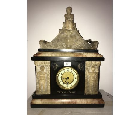 VICTORIAN MARBLE & SLATE MANTEL CLOCK - TEMPUS - FUGIT (NEEDS ATTENTION)