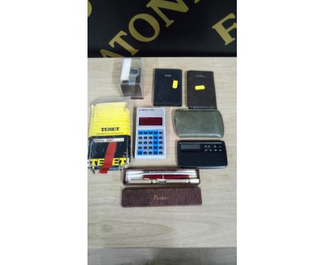 BOX VINTAGE CALCULATORS, DIGITAL WATCH & PARKER PEN