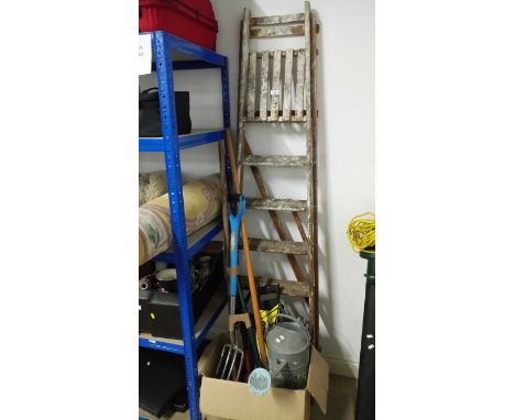 WOODEN STEP LADDER & BOX OF TOOLS