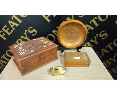 CARVED INLAID WOOD JEWELLERY BOX, BOWL, CIG BOX & RONSON TABLE LIGHTER