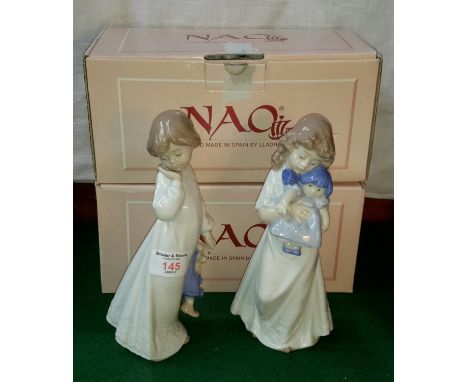 2 Nao girl figures, 1 with doll & 1 with teddy, both complete with boxes